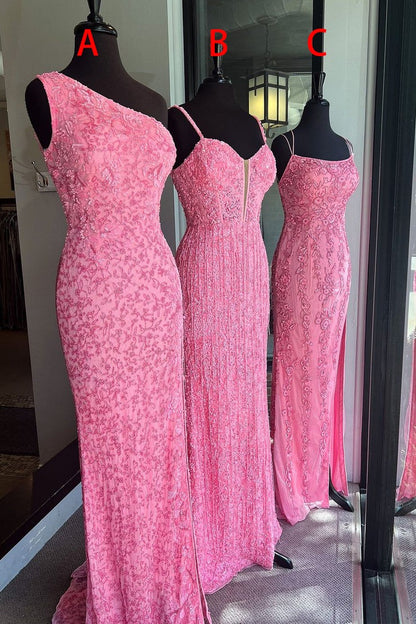 One Shoulder Mermaid Sequins Long Prom Dress with Slit, PD25086