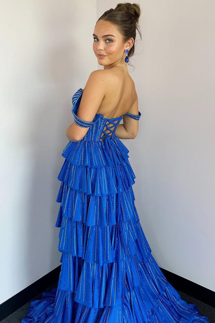 Blue Off the Shoulder Ruffle Tiered Prom Dress with Beadings, PD25073