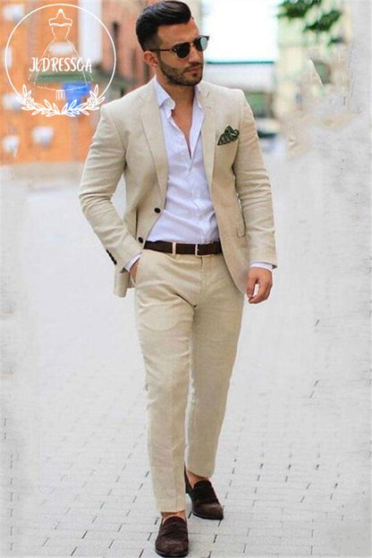 Ivory Casual Summer Two-piece Linen Blazer Mens Suits Beige Slim Fit Groom Wedding Tuxedo, SU25048