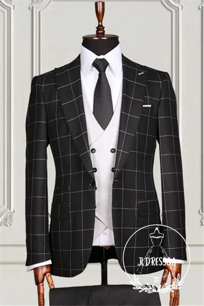 Black Plaid Fitting Peaked Lapel Men Suits For Business, SU25070