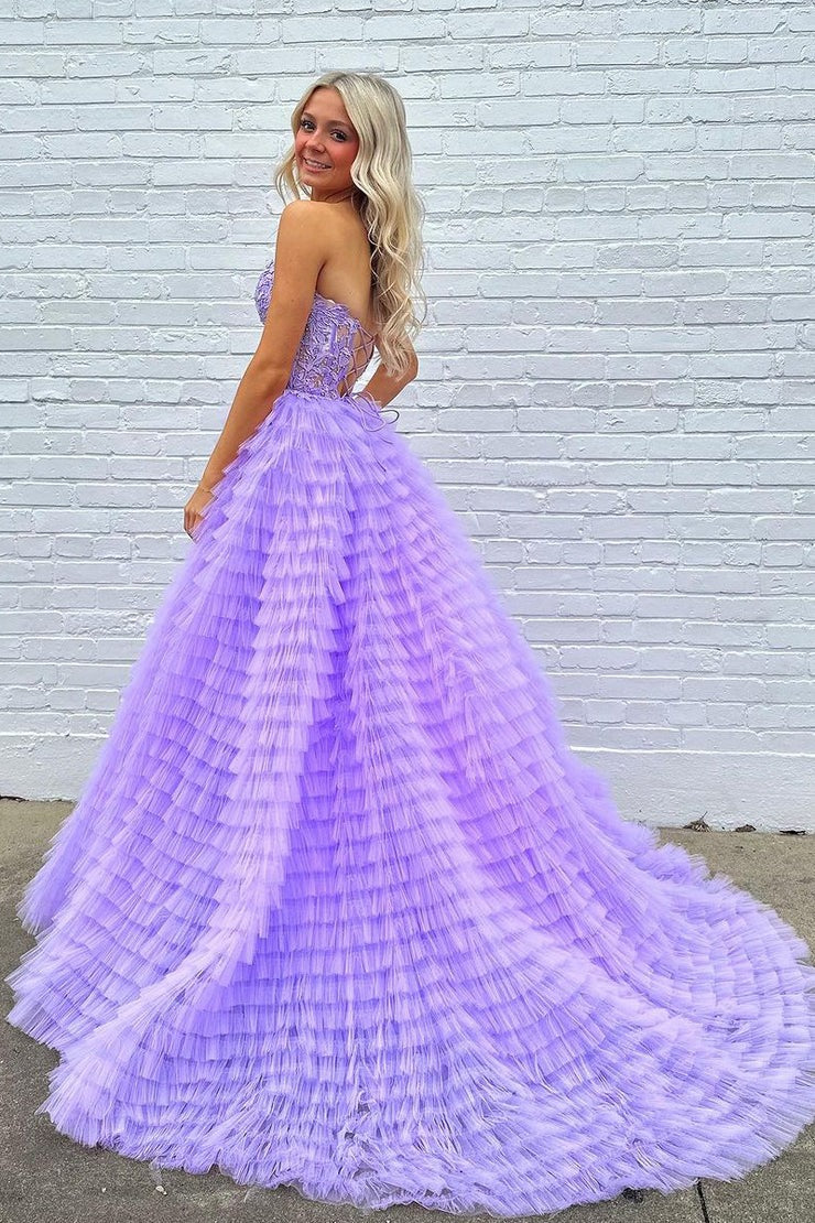 A-Line Sweetheart Ruffle Tiered Tulle Long Prom Dress, PD25424