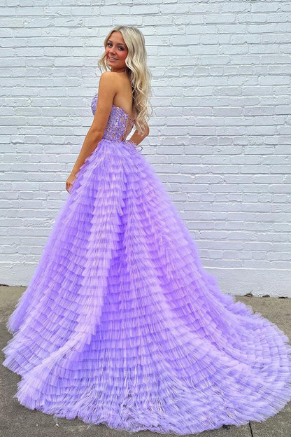 A-Line Sweetheart Ruffle Tiered Tulle Long Prom Dress, PD25424