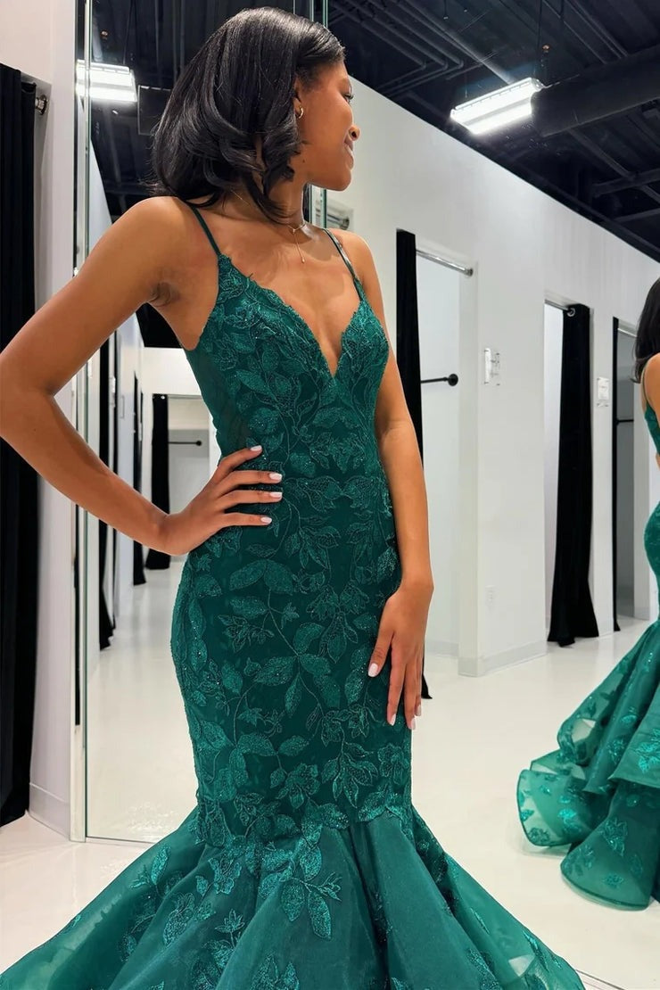 Emerald V - Neck Trumpet Long Gown with Appliques, PD25583