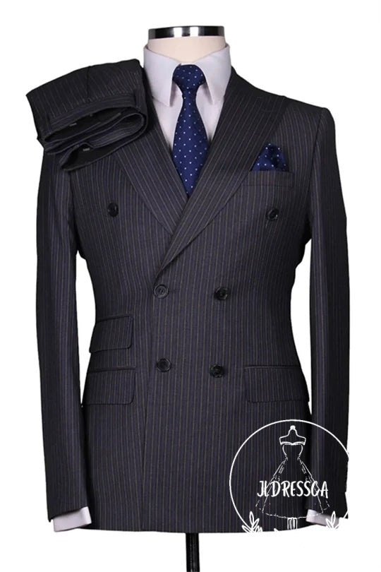 Gray Striped Peaked Lapel Men Suits, SU25200
