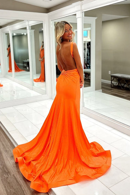 Orange V Neck Mermaid Satin Long Prom Dress with Slit, PD25794