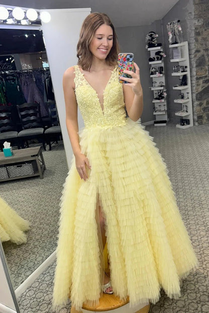 Yellow Tulle V Neck Tiered A - Line Long Prom Dresses, PD25504