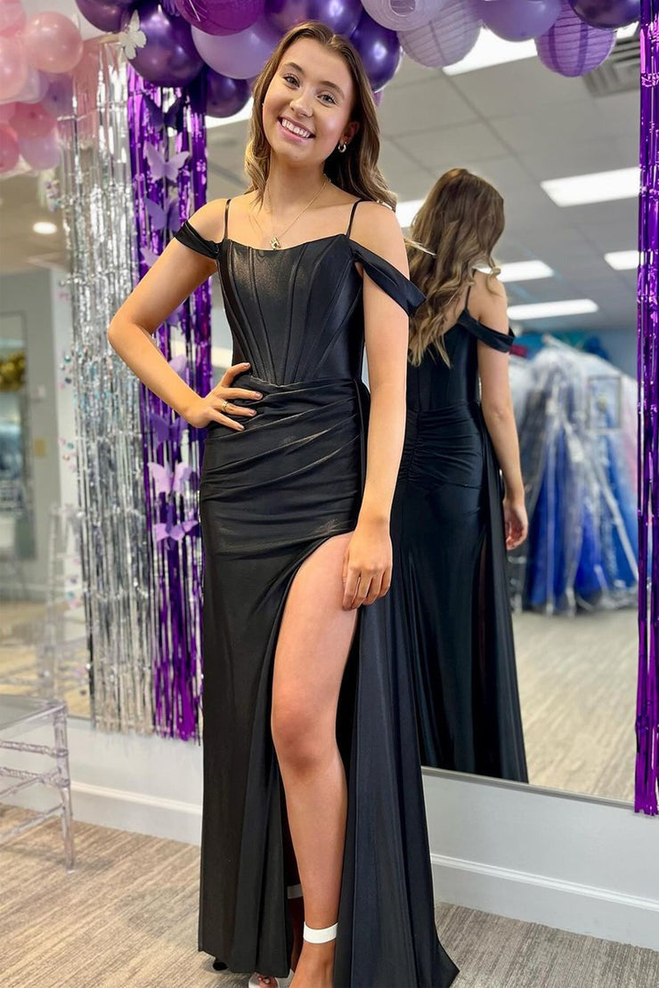 Black Satin Mermaid Prom Dress with Slit - Elegant Long Cold Shoulder Dress | JLDressCA Black Satin Mermaid Prom Dress with Slit - Elegant Long Cold Shoulder Dress | JLDressCA