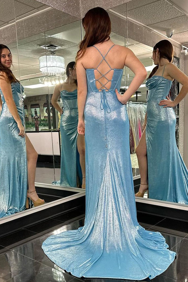 Light Blue Satin Mermaid Cowl Neck Glitter Long Prom Dress, PD25494