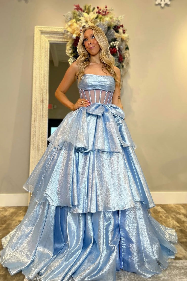 Light Blue Organza Gorgeous Ball Gown Strapless Prom Dress with Bow and Slit, PD25383