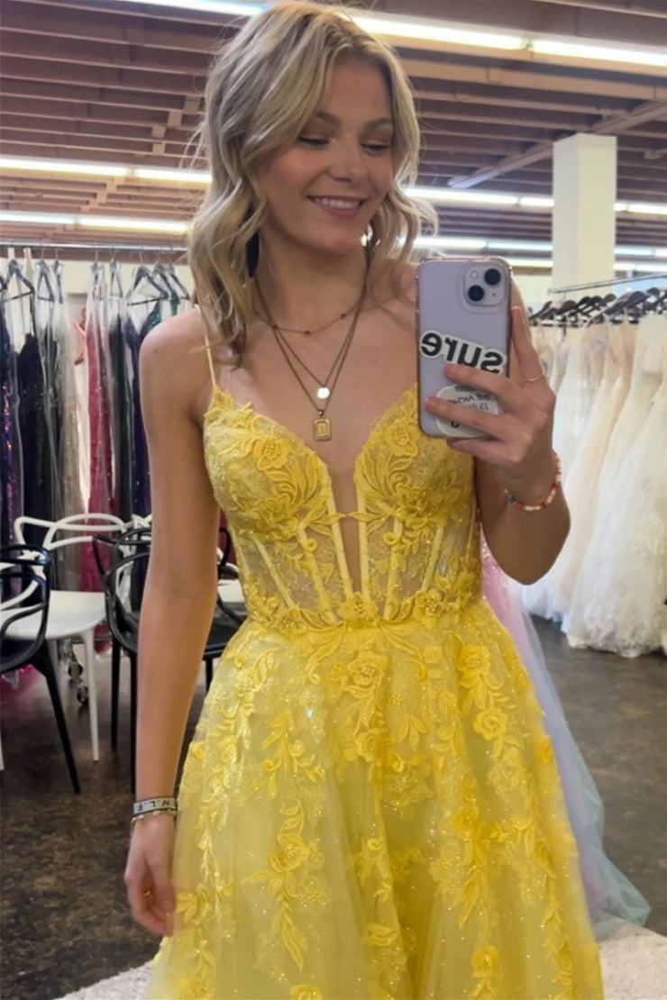 Yellow Spaghetti Straps Floral A-line Long Prom Dress, PD25694
