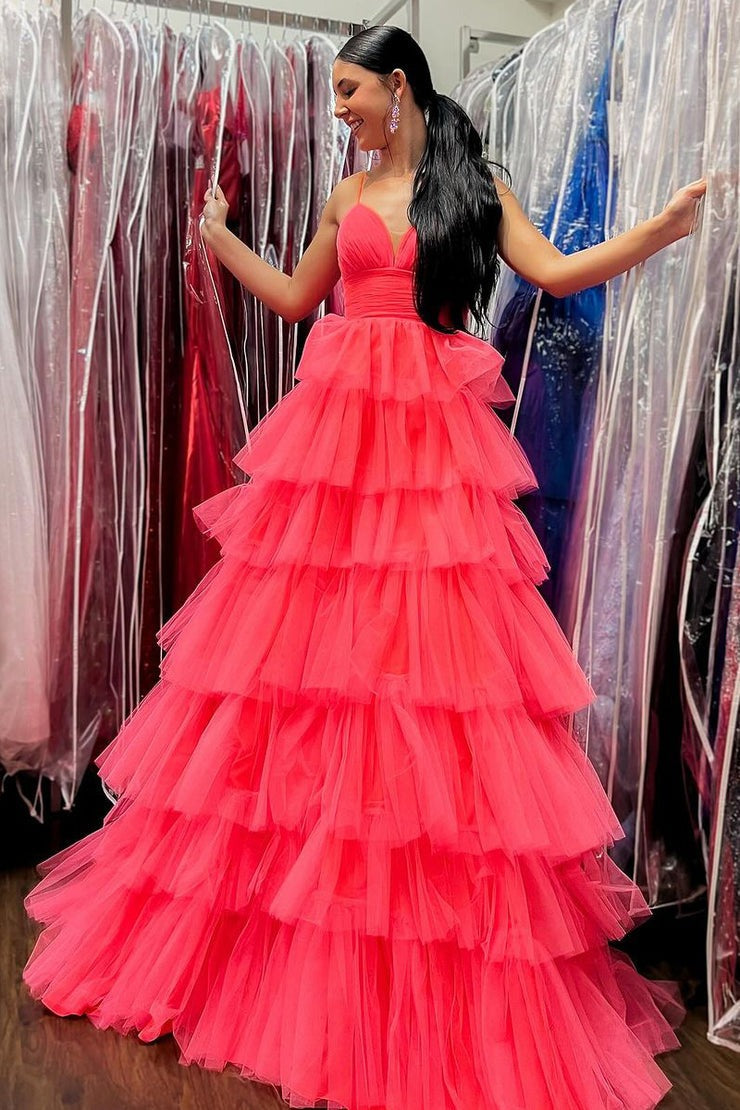 Fuchsia A Line V Neck Tiered Tulle Prom Dress with Slit, PD25613