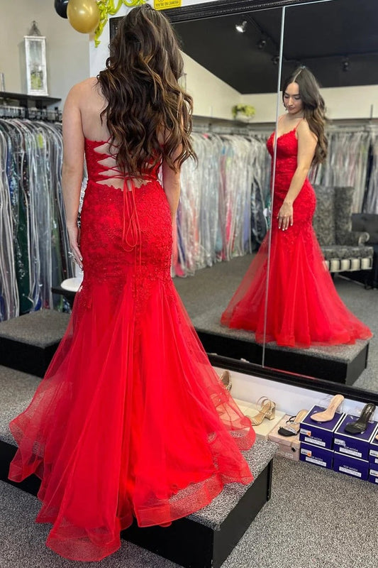 Red Plunge V Appliques Lace - Up Trumpet Long Gown, PD25623