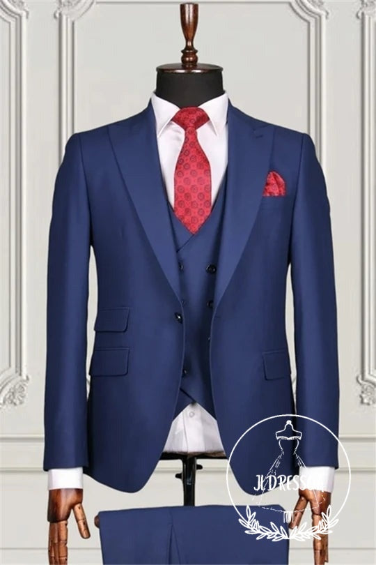 Dark Blue Formal Peaked Lapel Three Pieces Men Suits, SU25100