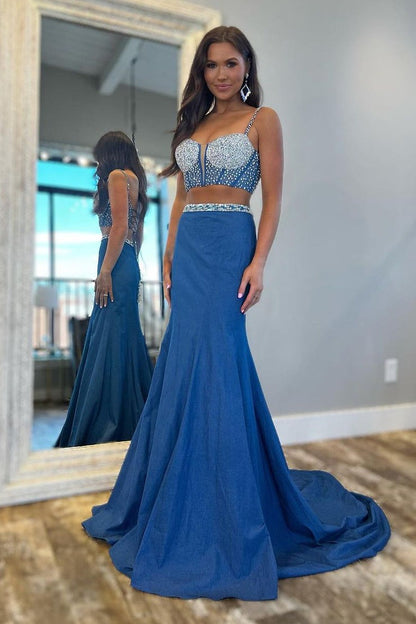 Blue Beaded Two Piece Long Prom Dress, PD25434