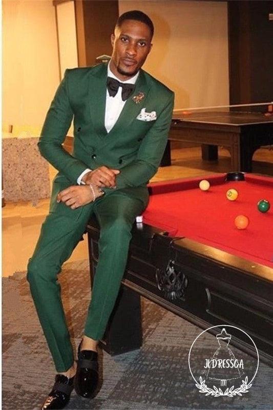 Dark Green Double Breasted Peaked Lapel Two Piece Mens Suit, SU25027