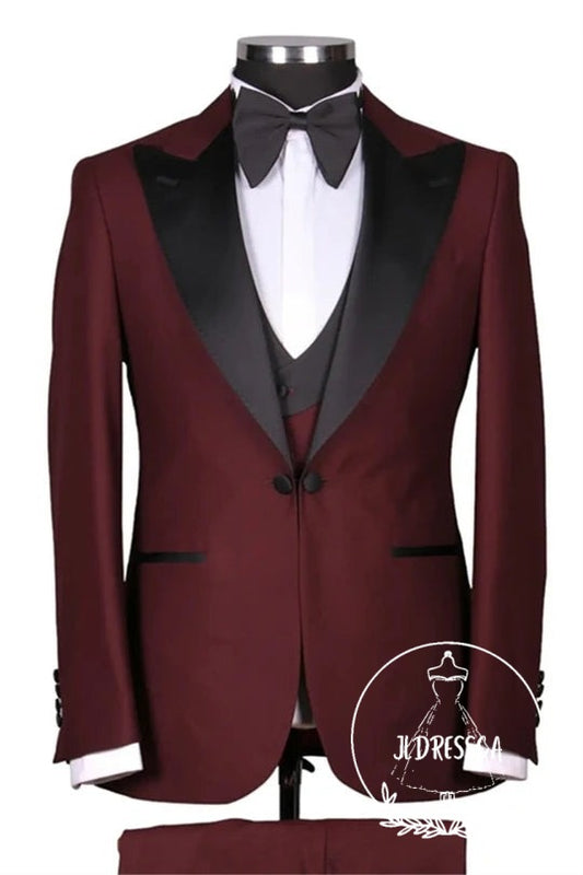 Elegant Burgundy Peaked Lapel Three Pieces Slim Fit Wedding Men Suits, SU25160