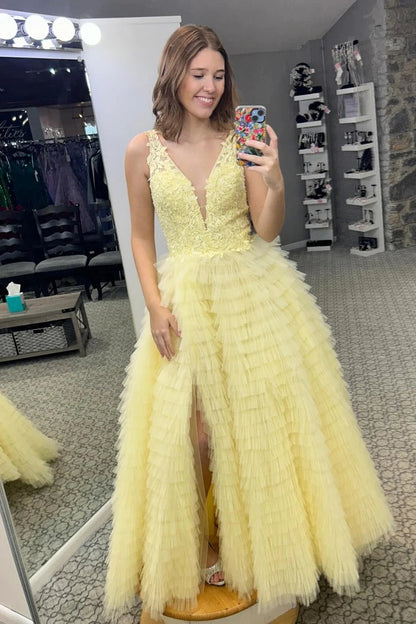 Yellow Tulle V Neck Tiered A - Line Long Prom Dresses, PD25504