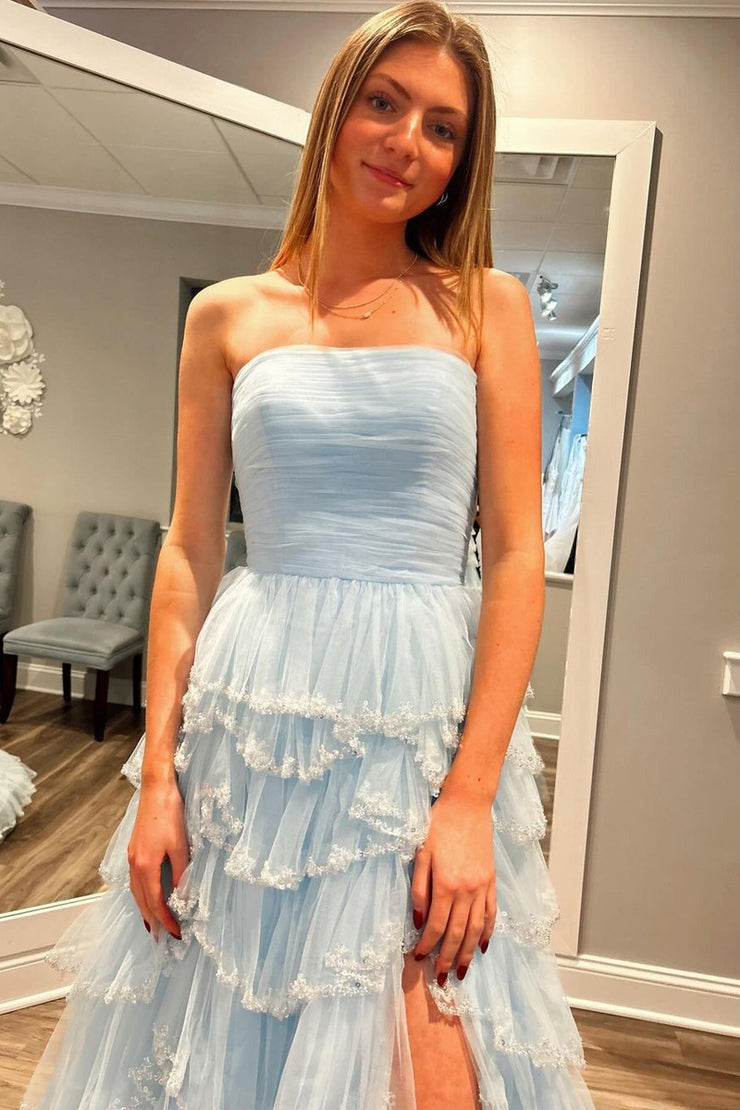 Light Blue Tulle A-Line Strapless Long Prom Dresses with Slit, PD25474