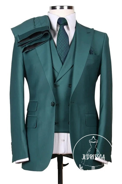 Green Three Pieces Peaked Lapel Slim Fit Men Suits, SU25180