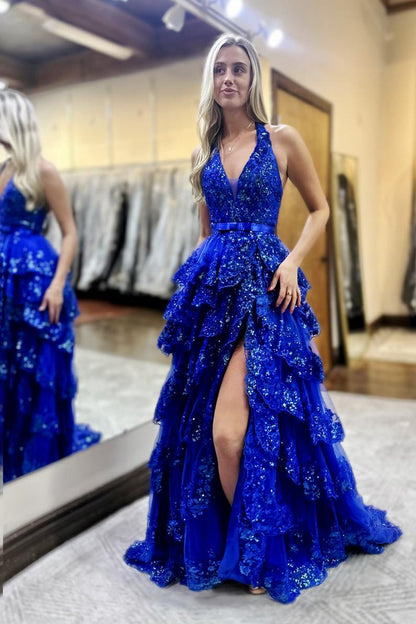 Royal Blue A Line V Neck Tiered Tulle Prom Dress with Slit, PD25745