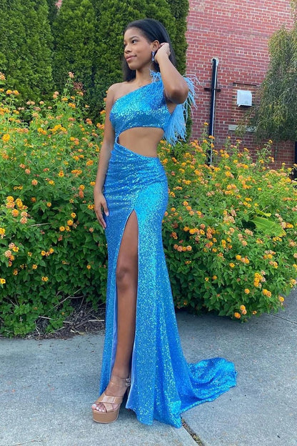 Sparkly Mermaid One Shoulder Blue Sequins Long Prom Dress with Feather, PD25543