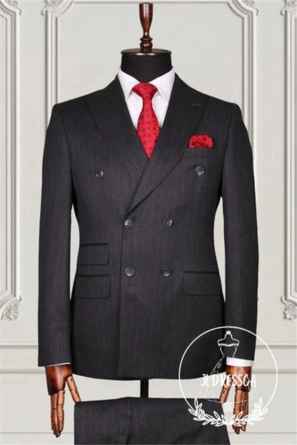 Classic Black Striped Double Breasted Men Suits, SU25090