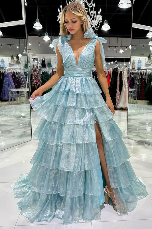 Light Blue V Neck Tiered Ruffle Long Prom Dresses with Slit, PD25534