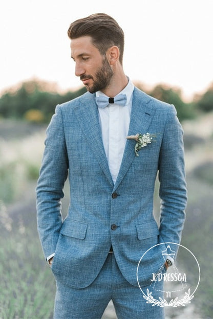 Ocean Blue Linen Summer Beach Groom Wedding Suits Casual Man Blazer Tuxedo, SU25018