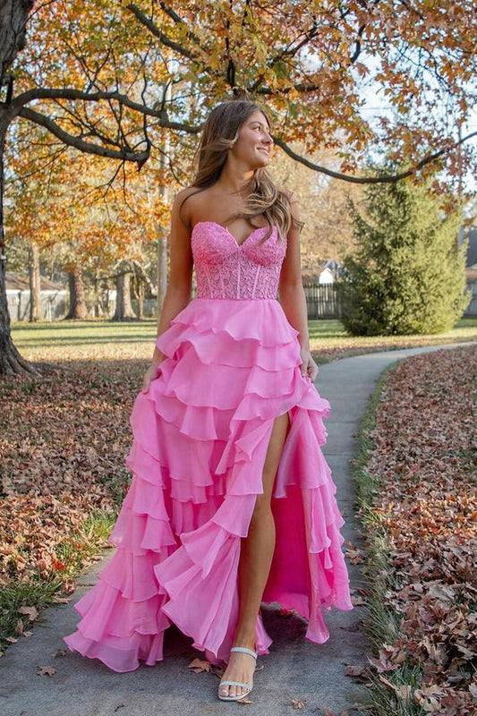 Pink Chiffon Sweetheart Tiered Long Prom Dress with Appliques, PD25484