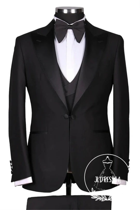 Black Peaked Lapel Three Pieces Slim Fit Wedding Men Suits, SU25170