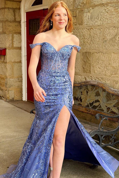 Periwinkle Off the Shoulder Long Lace Appliques Prom Dress with Slit, PD25734