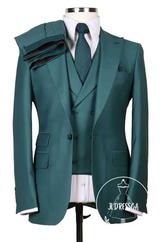 Green Three Pieces Peaked Lapel Slim Fit Men Suits, SU25180