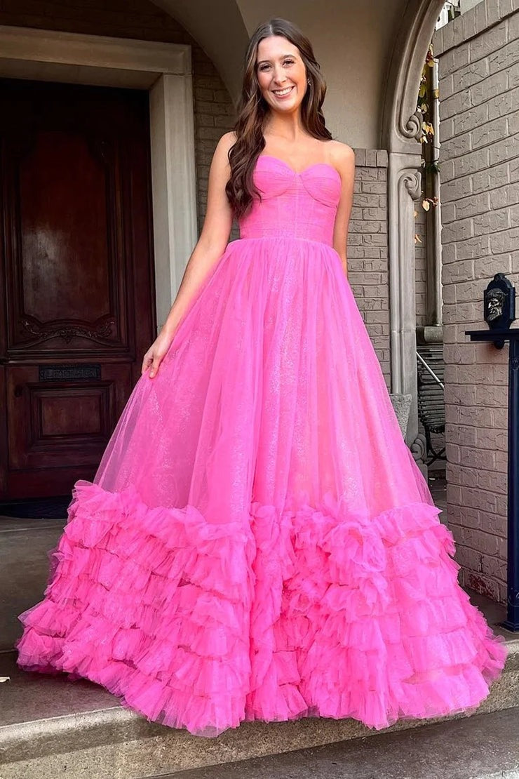 Fuchsia A-Line Strapless Ruffle Long Prom Dress, PD25643