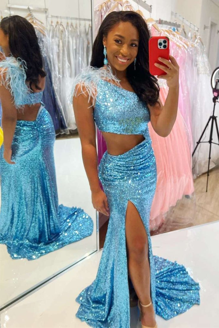 Blush Pink One-Shoulder Cutout Sequin Feathers Mermaid Long Prom Dress, PD25703