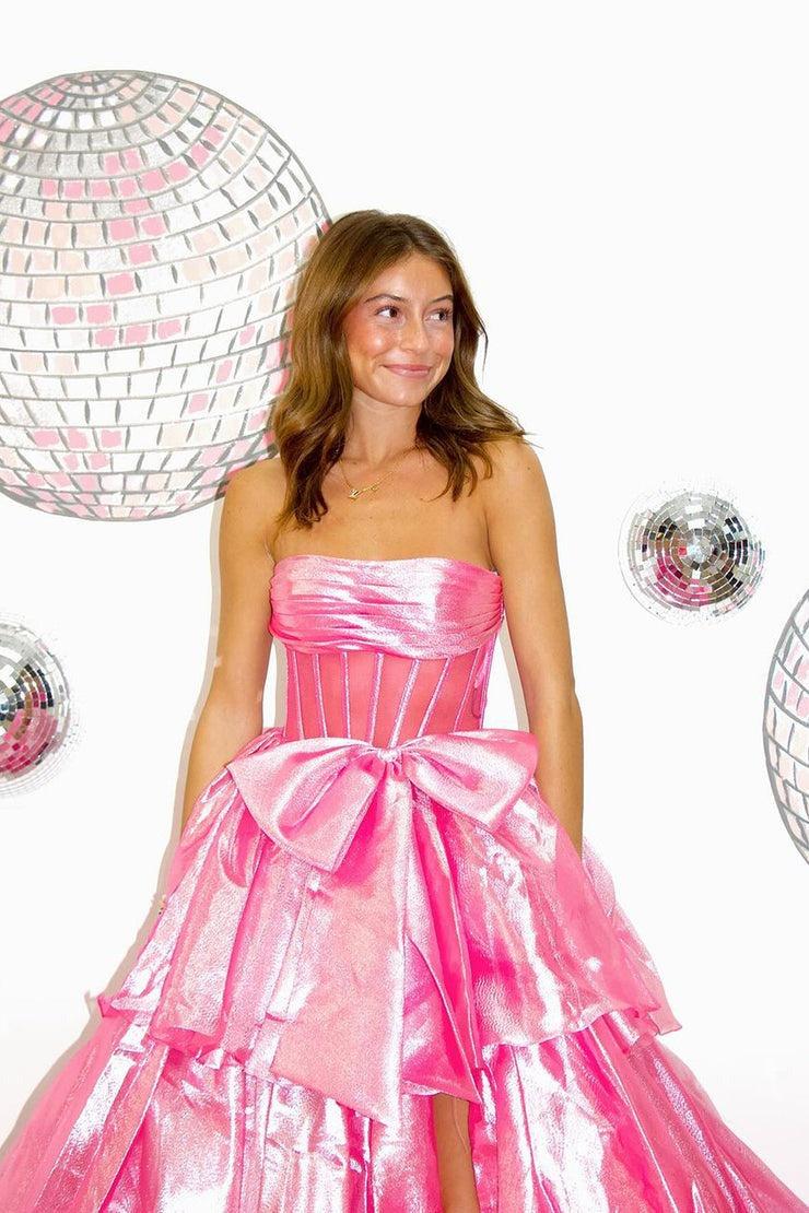 Pink Ball Gown Strapless Organza Ruffled Long Prom Dress with Bow, PD25244