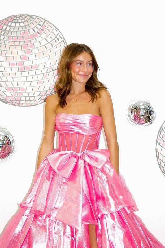 Pink Ball Gown Strapless Organza Ruffled Long Prom Dress with Bow, PD25244