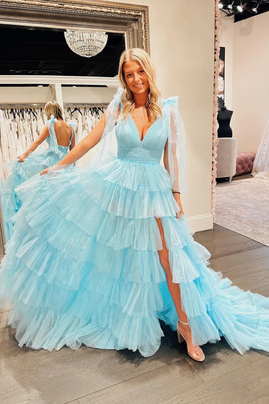 Cute A-Line V-Neck Long Blue Tiered Tulle Prom Dress, PD2404151