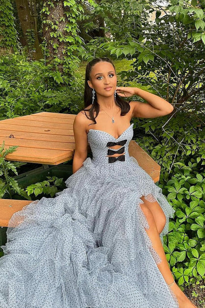 Strapless Blue Ruffle Tiered Tulle Long Prom Dress with Bows, PD25094