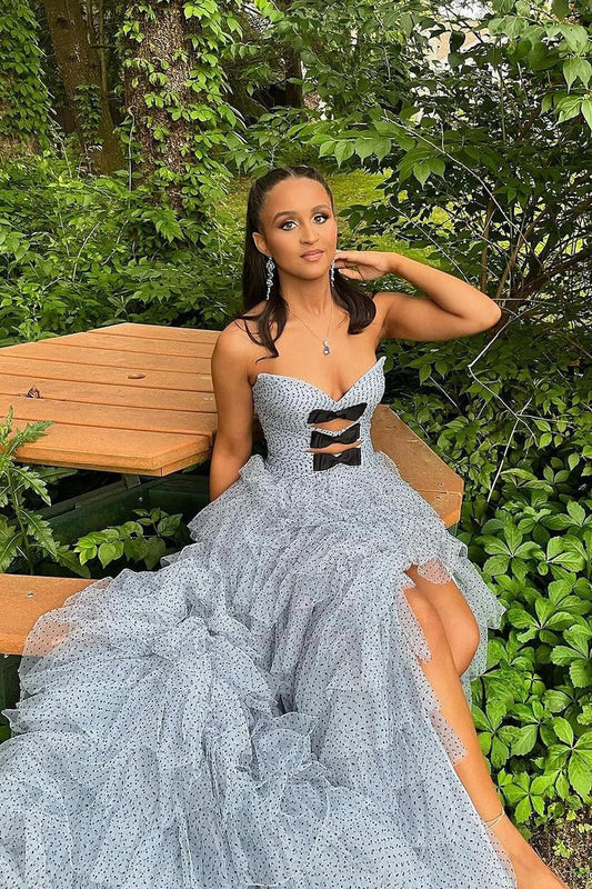 Strapless Blue Ruffle Tiered Tulle Long Prom Dress with Bows, PD25094