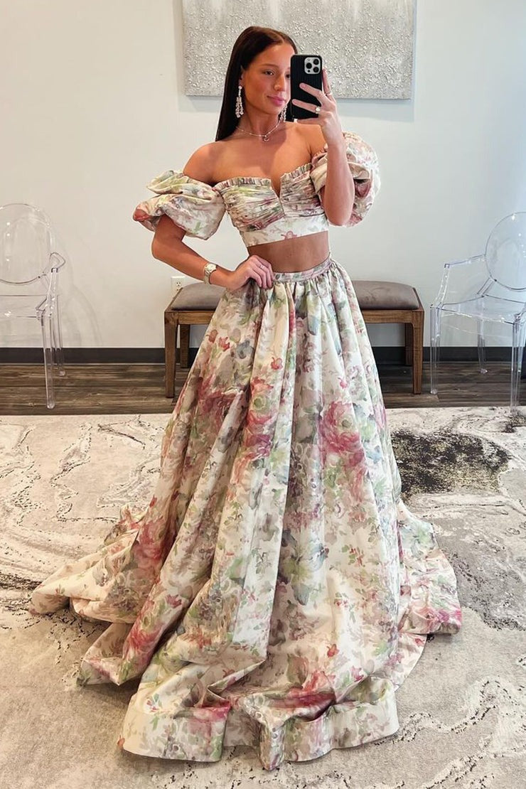 Off the Shoulder Two Piece Floral Printed Long Prom Dresses with Slit, PD25184