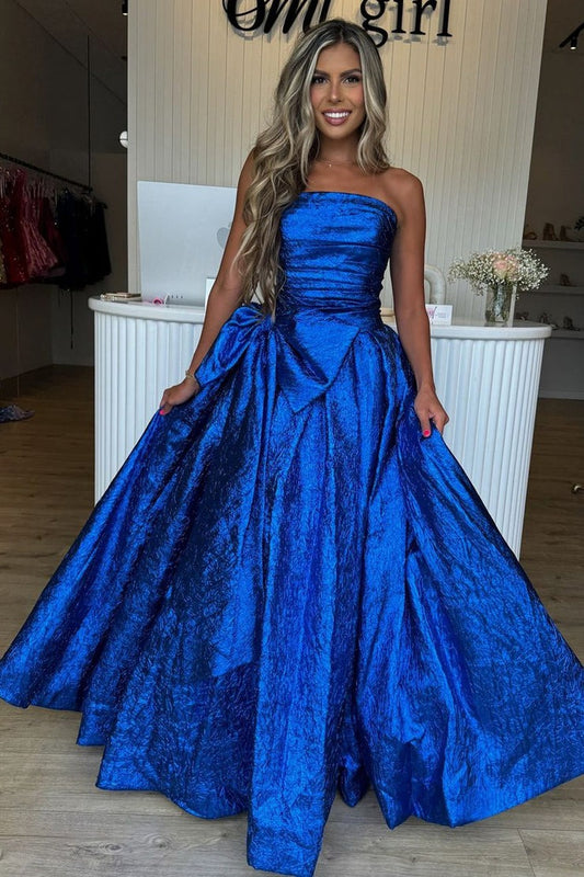 Strapless A Line Royal Blue Sequins Long Prom Dress with Bow, PD25061