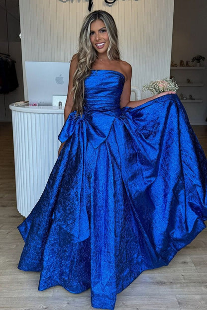 Strapless A Line Royal Blue Sequins Long Prom Dress with Bow, PD25061