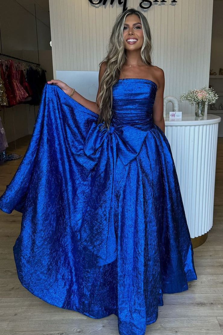 Strapless A Line Royal Blue Sequins Long Prom Dress with Bow, PD25061