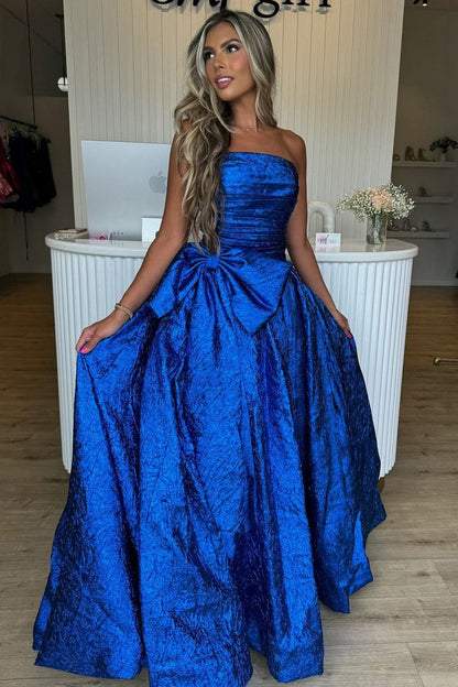 Strapless A Line Royal Blue Sequins Long Prom Dress with Bow, PD25061