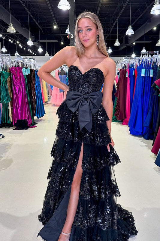 Sweetheart A Line Black Ruffle Tiered Long Homecoming Dresses with Bow, PD25080