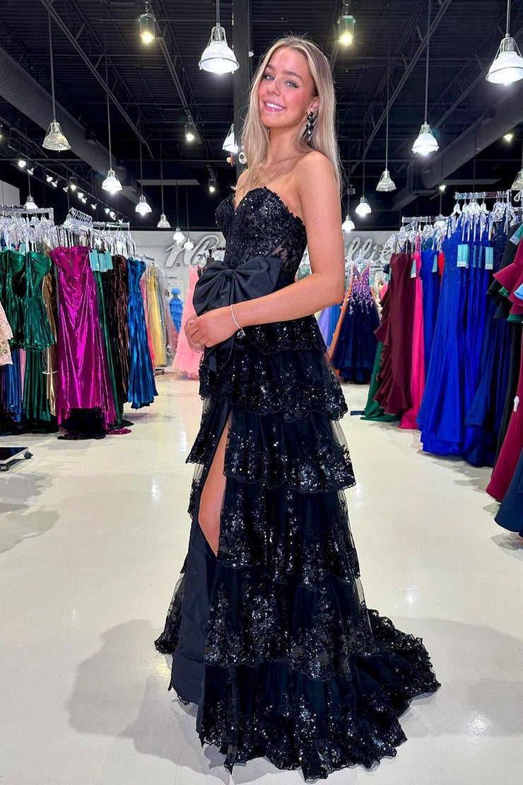 Sweetheart A Line Black Ruffle Tiered Long Homecoming Dresses with Bow, PD25080