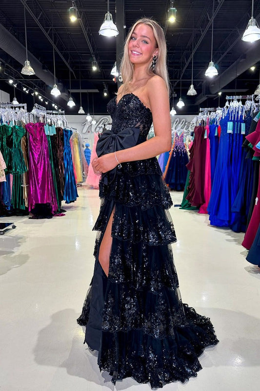 Sweetheart A Line Black Ruffle Tiered Long Homecoming Dresses with Bow, PD25080