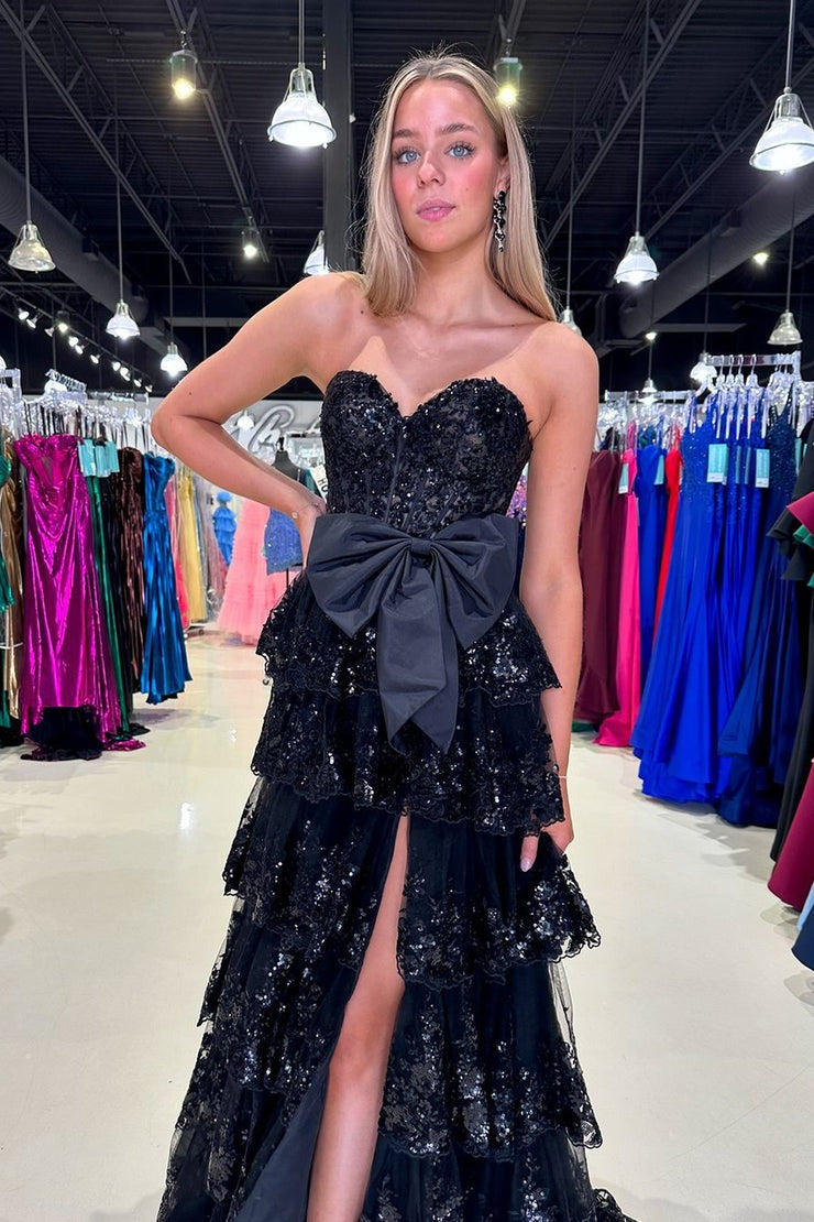 Sweetheart A Line Black Ruffle Tiered Long Homecoming Dresses with Bow, PD25080