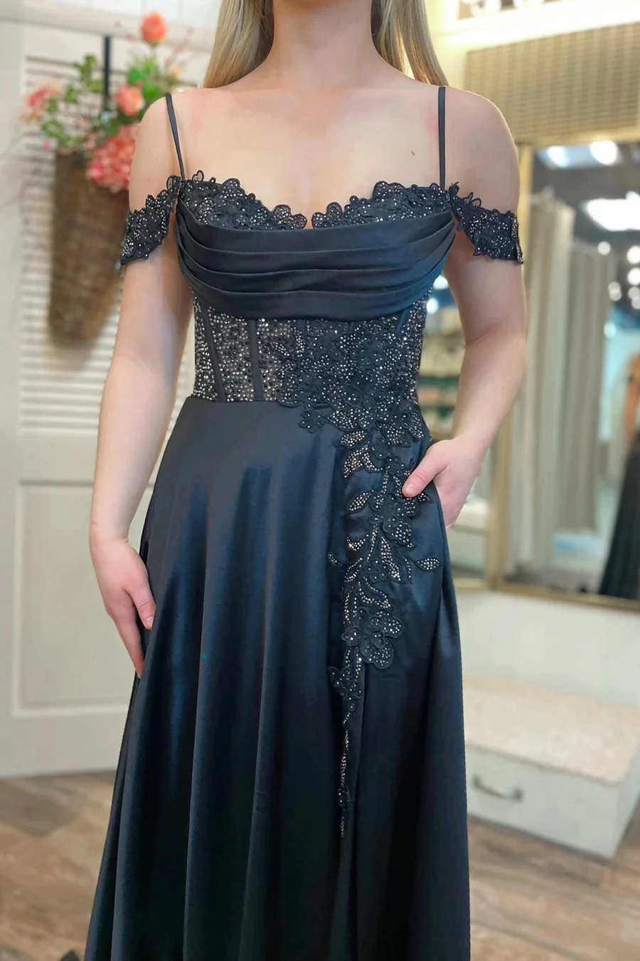 Black A-Line Cold-Shoulder Beaded Prom Dresses, PD2404251