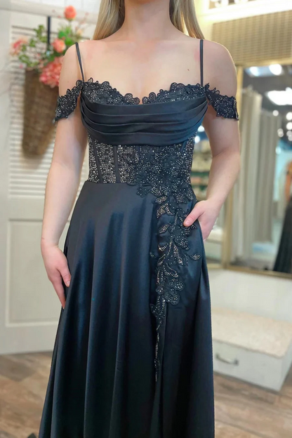 Black A-Line Cold-Shoulder Beaded Prom Dresses, PD2404251